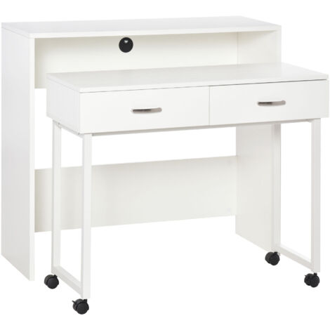 Bureau Compact avec Roulettes pour Chambre et Bureau, Table de Travail Simple ou Double avec Tiroirs, Dimensions 100x36x88 cm, Blanc (1/5)