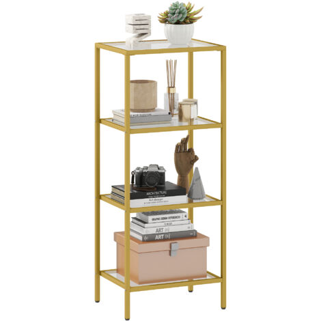 Étagère métallique à 4 niveaux avec plateau en verre trempé, design minimaliste, dimensions 40x30x96.5 cm, finition or. (1/5)