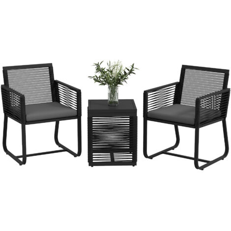 Ensemble Salon de Jardin en Résine Tressé avec 2 Fauteuils, Coussins et Table Basse en Verre, Noir (1/5)