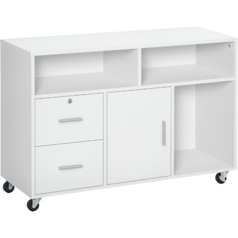 Meuble à roulettes pour imprimante avec 2 tiroirs verrouillables, 3 étagères et placard, 100x35x65 cm, blanc, bureau et étude (1/5)
