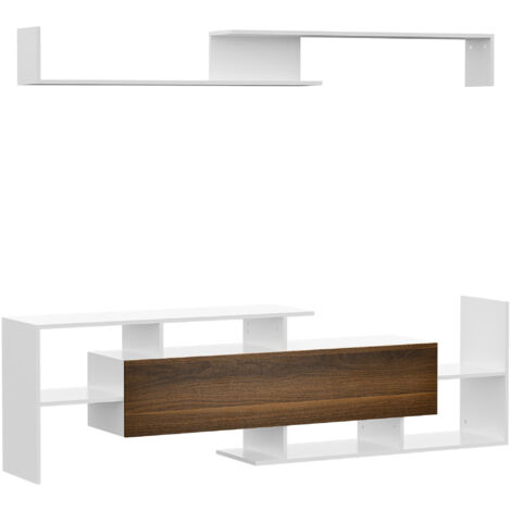 Télévision Murale Mobile avec Étagère, Tablettes Ouvertes et Placard Fermé, en Panneau de Particules Blanc et Marron (1/5)