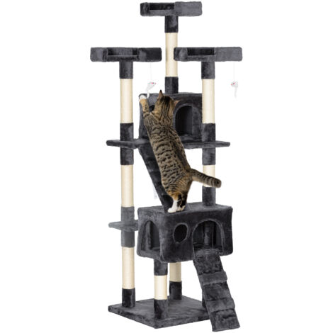 Arbre à chat avec plateformes, niches et jouets suspendus, en bois et peluche, dimensions 49x49x173 cm, couleur gris (1/5)