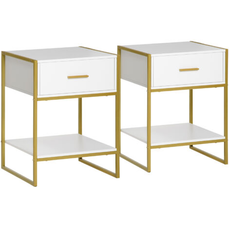 Set de 2 Tables de Chevet Contemporaines avec Tiroir et Étagère Ouverte en MDF et Acier, 45x40x60cm, Blanc et Doré (1/5)