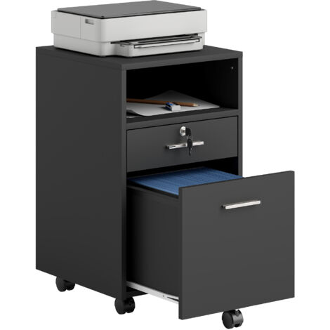 Cassettier de Bureau 2 Tiroirs avec Étagère Ouverte en Bois, 39x40x65 cm, Noir (1/5)
