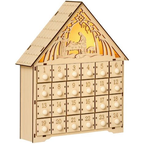 Calendrier de l'Avent en Bois avec 24 Tiroirs, Crèche Sculptée et Lumières LED, Décoration de Noël 26.6x30cm (1/5)