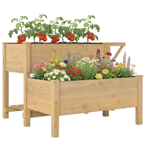 Lit de Jardin surélevé à 2 Niveaux avec Étagères en Bois, 119.5x102x76.5cm, Brun (1/5)