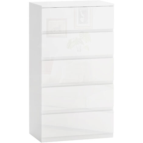 Cassettiera 5 Cassetti Moderna en Bois Blanc, Commode Antiroulement 55x33x100 cm, Finition Brillante (1/5)