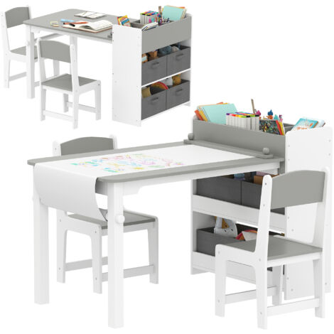 Table et chaises enfants en bois avec rangement, 2 sièges et plateau gris-blanc en tissu résistant (1/5)