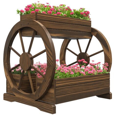 Jardinière en Bois Rustique à 2 Niveaux avec 3 Pots et Roues, Décor Campagne, 64x54x60cm (1/5)