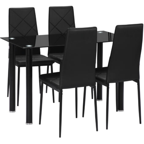 Table à Manger 4 Personnes avec Chaise Simili Cuir et Plateau Verre, Noir (1/5)