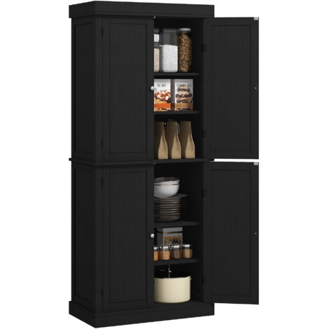 Étagère de Cuisine Mobile avec 6 Tablettes Réglables et 4 Portes en Bois, Dimensions 76x40.5x184 cm, Couleur Noire (1/5)