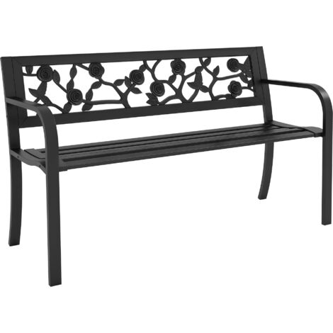 Banc de Jardin 2 Places en Acier avec Dossier Décoré et Accoudoirs, 127x50x75cm, Noir (1/5)