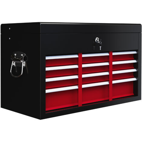 Boîte à outils 6 tiroirs en acier verrouillable, dimensions 60x26x34 cm, couleur noir et rouge
