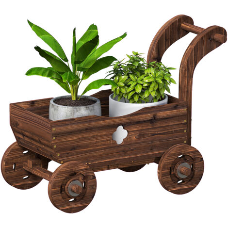 Chariot à Fleurs en Bois avec 4 Roues, Poignée et Holes de Drainage, 68x38x52 cm, Bac à Plantes Rustique (1/5)