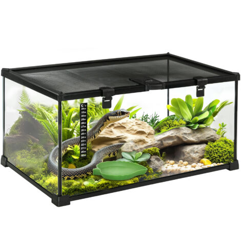 Terrarium pour Reptiles Élevé avec Serrure et Thermomètre, en Verre et Grille Métallique, 50x30x25 cm, Noir