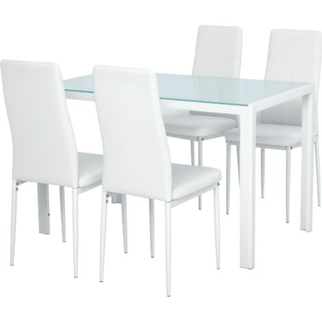 Ensemble de 5 pièces : table et 4 chaises de salle à manger en simili cuir, métal et verre trempé, couleur blanc (1/5)