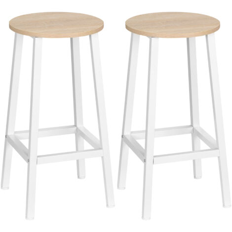 Paire de Tabourets de Cuisine en Contreplaqué et Acier, avec Plateau Lisse et Repose-Pieds, 32.5x32.5x65 cm, Blanc et Bois (1/5)