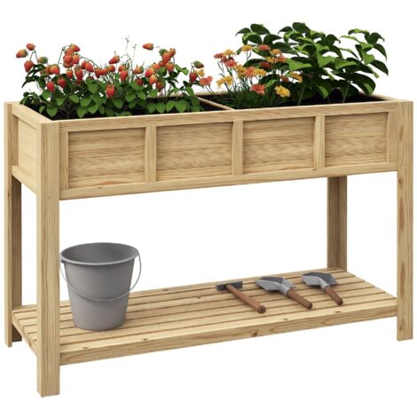 Jardinière surélevée en bois avec étagère inférieure, séparateur et trous de drainage, 115x46x75 cm, couleur bois naturel