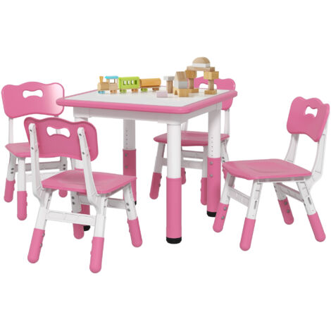 Table et 4 chaises réglables pour enfants - Ensemble 5 pièces rose, dimensions table 60x60x46-58 cm et chaises 32x36x52.5-56 cm (1/5)