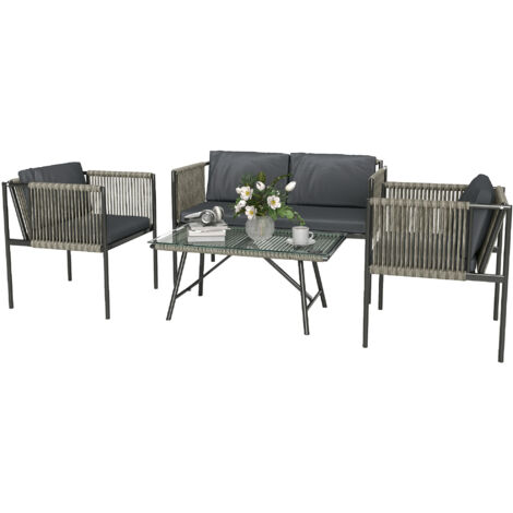 Ensemble Salon de Jardin en Rotin avec 2 Fauteuils, Canapé 2 Places et Table Basse en Verre, Gris (1/5)