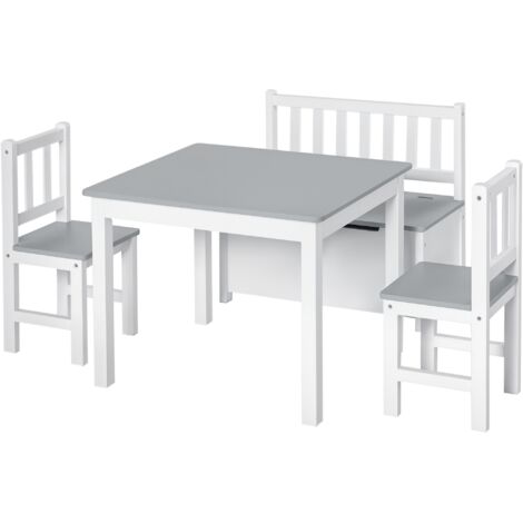 Table Enfant 2 Chaises et Banc Rangement Bois pour Chambre, Blanc et Gris (1/5)