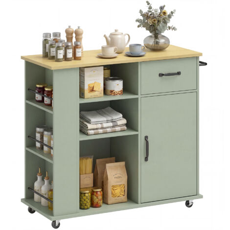 Cuisine Mobile avec Tiroir, Étagère Réglable et Porte, Vert Pastel (1/5)