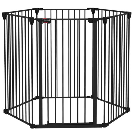 Barrière de Sécurité pour Chiens Pliante, 6 Panneaux en Acier et Plastique pour Grands et Moyens Chiens, 123x102x100 cm, Noir (1/5)