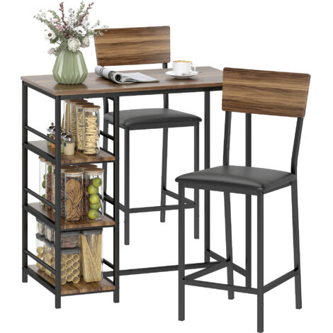 Table de Bar 3 Étagères avec 2 Tabourets Accoudoirs et Dossier, Bois et Acier, Noir et Noyer (1/5)