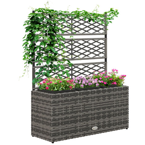 Jardinière avec Treillis pour Plantes Grimpantes, 3 Pots en Acier et PE Rotin, 84x30x107cm, Couleur Gris (1/5)