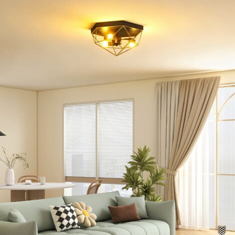 Plafonnier Industriel Géométrique à 3 Culots E27 pour Ampoules LED, Noir et Doré (1/5)