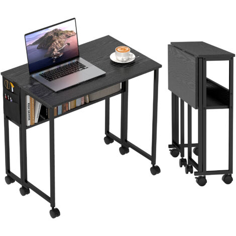 Bureau Pliant Compact à Abattant avec Étagère, Poche de Rangement et Roulettes, Noir (1/5)