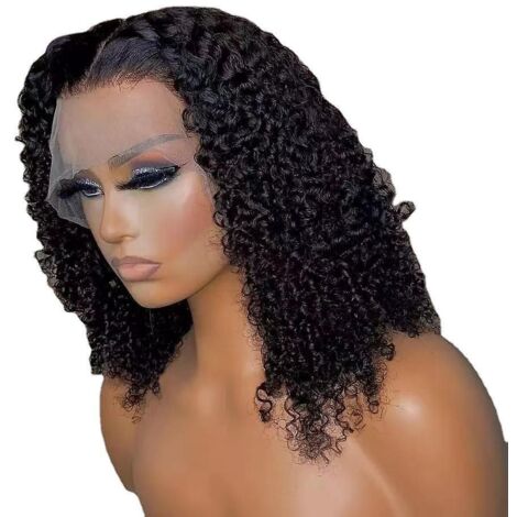 afro Kinky Curly Wig With Bangs Full Machine Made Scalp Top Wig 200 Density Virgin Brazilian Short Curly Human Hair Wigs Natural Color 12 Inch