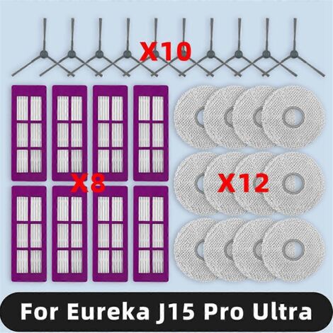 Pièces détachées pour balai Eureka J15 Pro Ultra : brosse latérale, filtre HEPA et chiffon de nettoyage. (1/5)