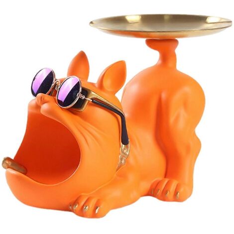 Figurine de bouledogue en résine, majordome avec plateau à bijoux, orange. (1/5)