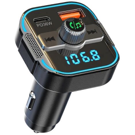 Adaptateur voiture Bluetooth 5.3 PD+QC3.0, transmetteur FM et chargeur rapide - Noir (1/5)