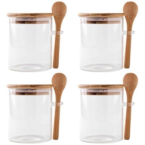 Lot de 4 récipients en verre pour flocons d'avoine à préparer la veille, avec couvercles et cuillères. (1/5)
