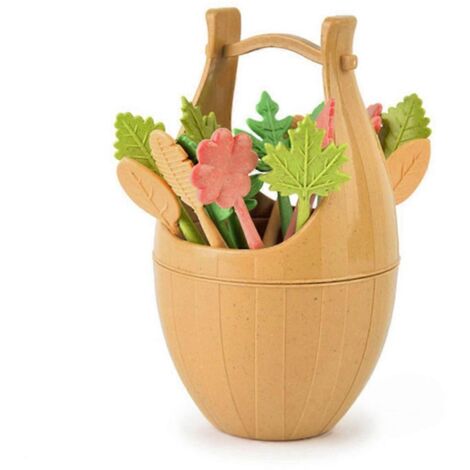Fourchette à fruits en paille de blé avec seau de rangement, mini cure-dents, marron (1/5)