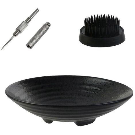 Kit vase Ikebana, bol Ikebana en céramique et kenzan à fleurs en métal, noir-- (1/5)