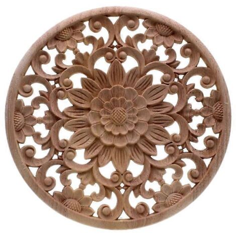 Applique ronde en bois sculpté représentant une fleur, figurine 15x15x0,8cm-- (1/5)