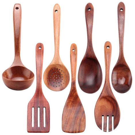 Ensemble de 7 ustensiles de cuisine en bois de teck, comprenant cuillères et spatule, pour la cuisine domestique. (1/5)