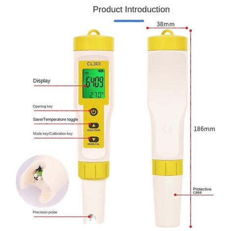 Testeur de qualité de l'eau 3 en 1 : Chloromètre CL2/H2/Température (1/5)