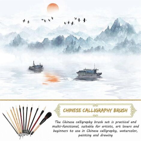 Lot de 12 pinceaux de calligraphie chinoise avec étui enroulable, pour aquarelle. (1/5)