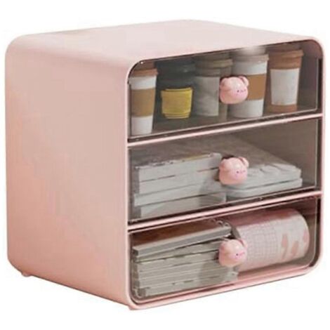 Boîte de rangement cosmétique à 3 niveaux avec tiroirs rose-A-- (1/5)
