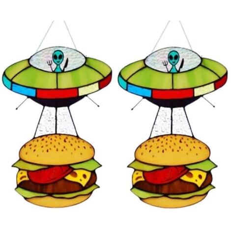 Lot de 2 attrape-soleil en vitrail représentant un hamburger et une abduction extraterrestre. (1/5)