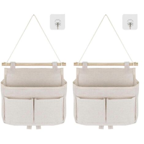 Lot de 2 sacs de rangement suspendus, 3 compartiments avec crochets adhésifs-- (1/5)