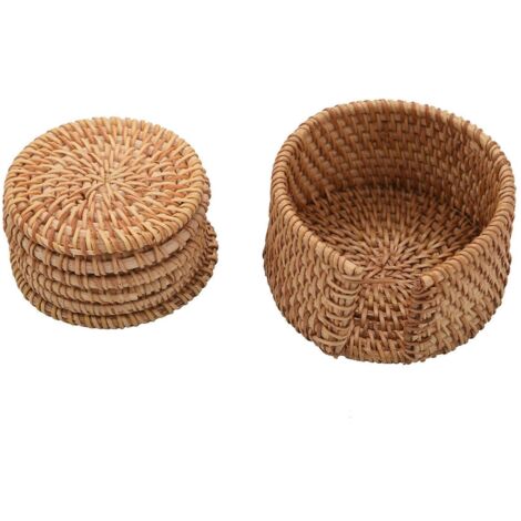 Ensemble de 6 sous-verres ronds en rotin tressé, diamètre 8 cm. (1/5)