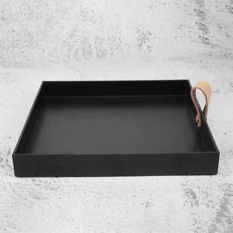 Plateau de service carré en cuir PU, plat décoratif (noir)--
