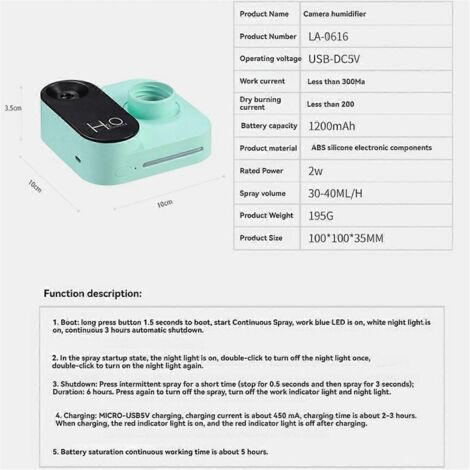 Humidificateur miniature en forme d'appareil photo pour chambre ou bureau, vert --- (1/5)