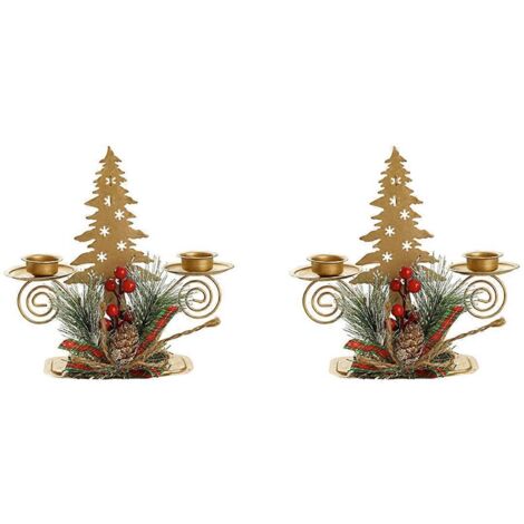 Lot de 2 bougeoirs piliers dorés en forme de sapin de Noël pour décoration de fêtes --- (1/5)