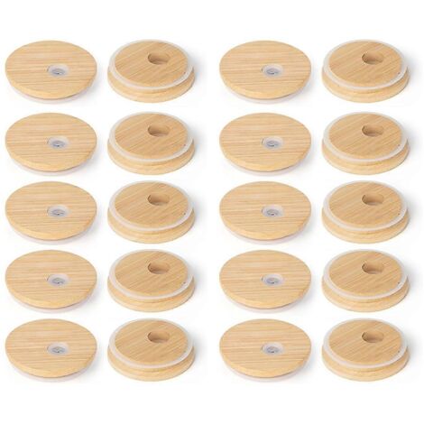 Couvercles en bambou avec trou pour paille, couvercles de conserve de 70 mm (20 pièces) (1/5)